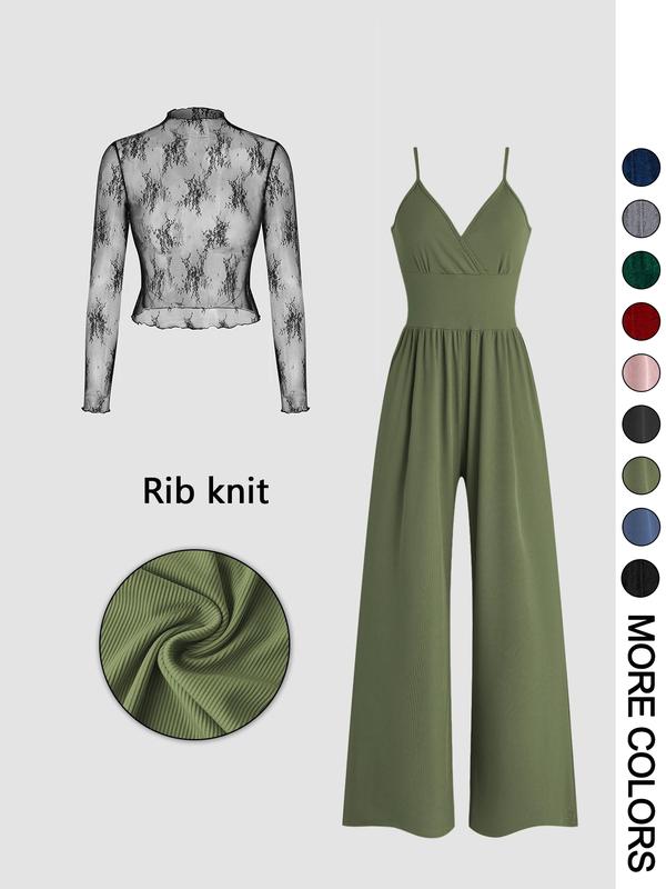MARYAM Solid Color Lace Tee & Pocket Jumpsuit Set