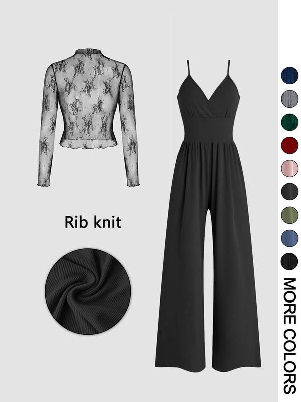 MARYAM Solid Color Lace Tee & Pocket Jumpsuit Set
