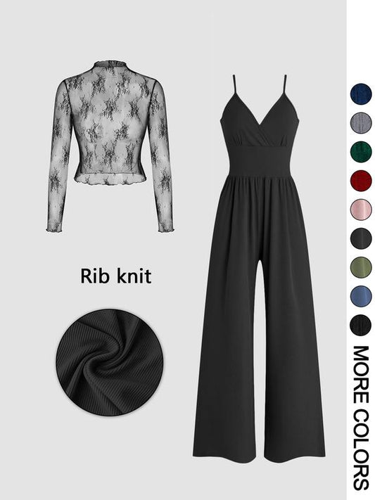 MARYAM Solid Color Lace Tee & Pocket Jumpsuit Set