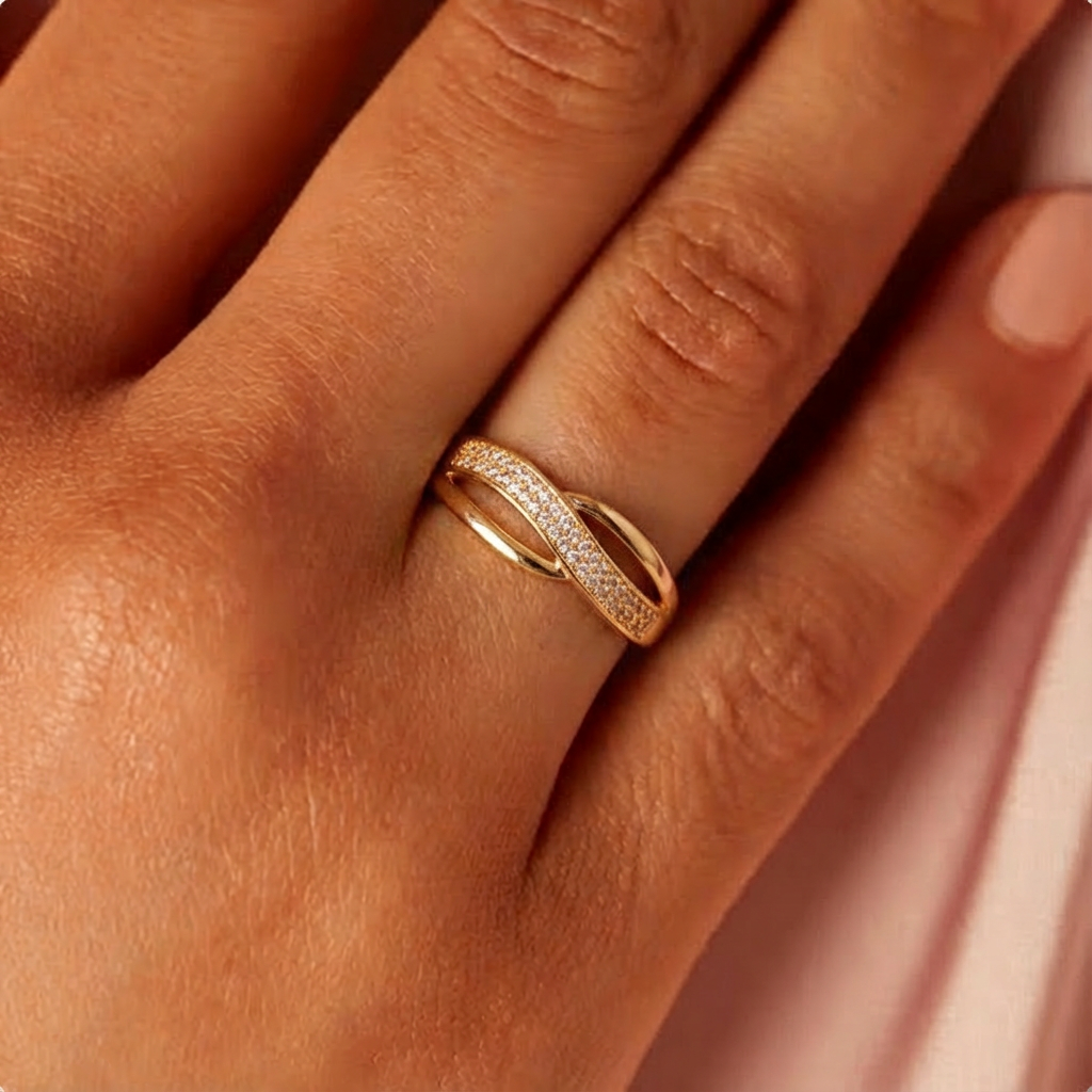 Elegant Gold-Coloured Crossover Ring with Stones