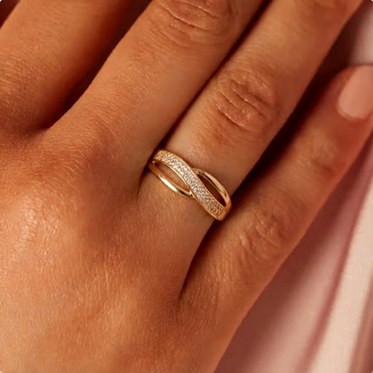 Elegant Gold-Coloured Crossover Ring with Stones