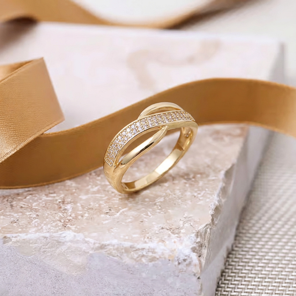 Elegant Gold-Coloured Crossover Ring with Stones