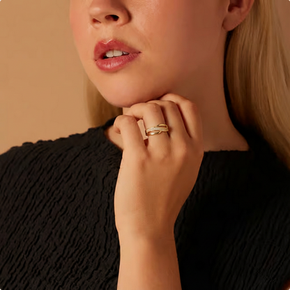 Elegant Gold-Coloured Crossover Ring with Stones